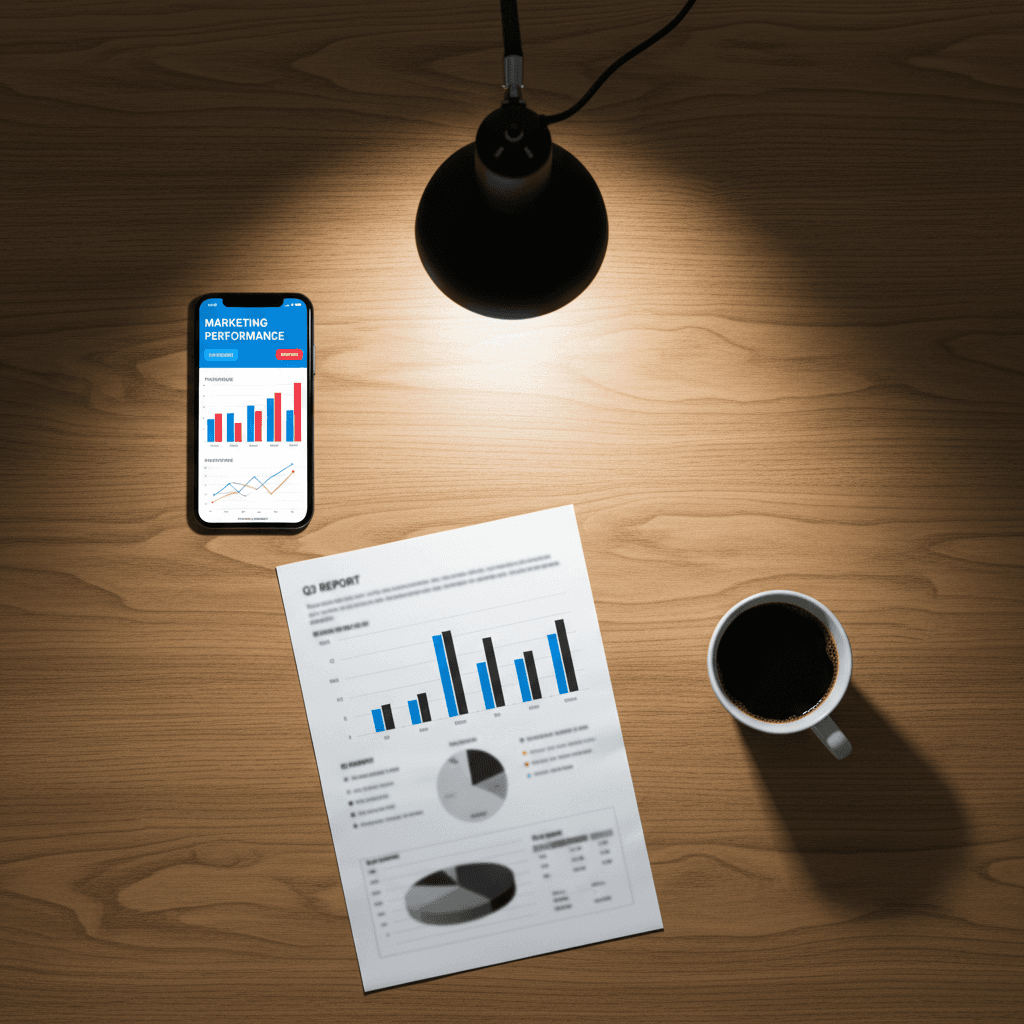 Analytics data and performance reports on desk