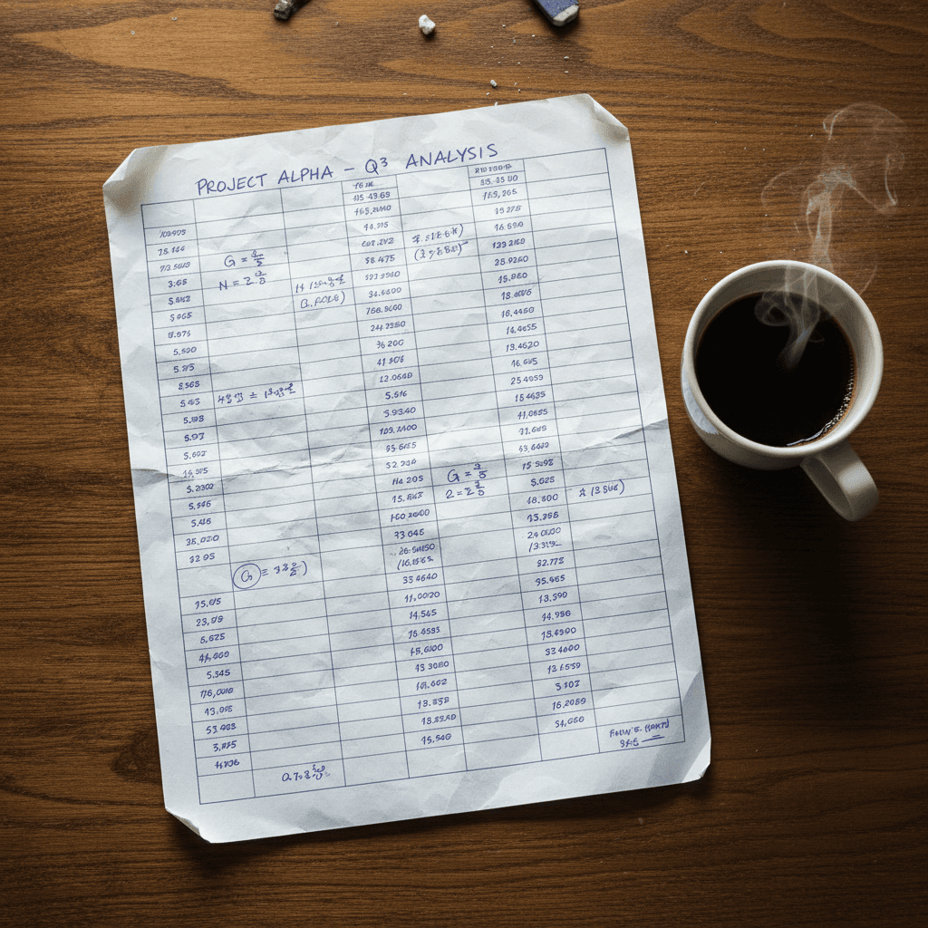 Spreadsheet page on a desk with handwritten notes