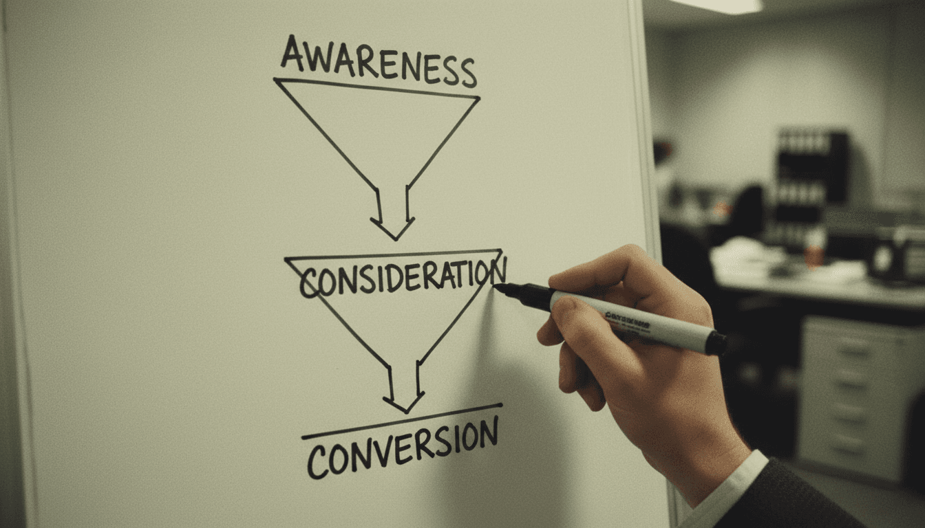 Hand drawing a marketing funnel on a whiteboard