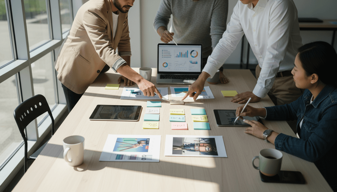 Small creative team collaborating on ad campaigns