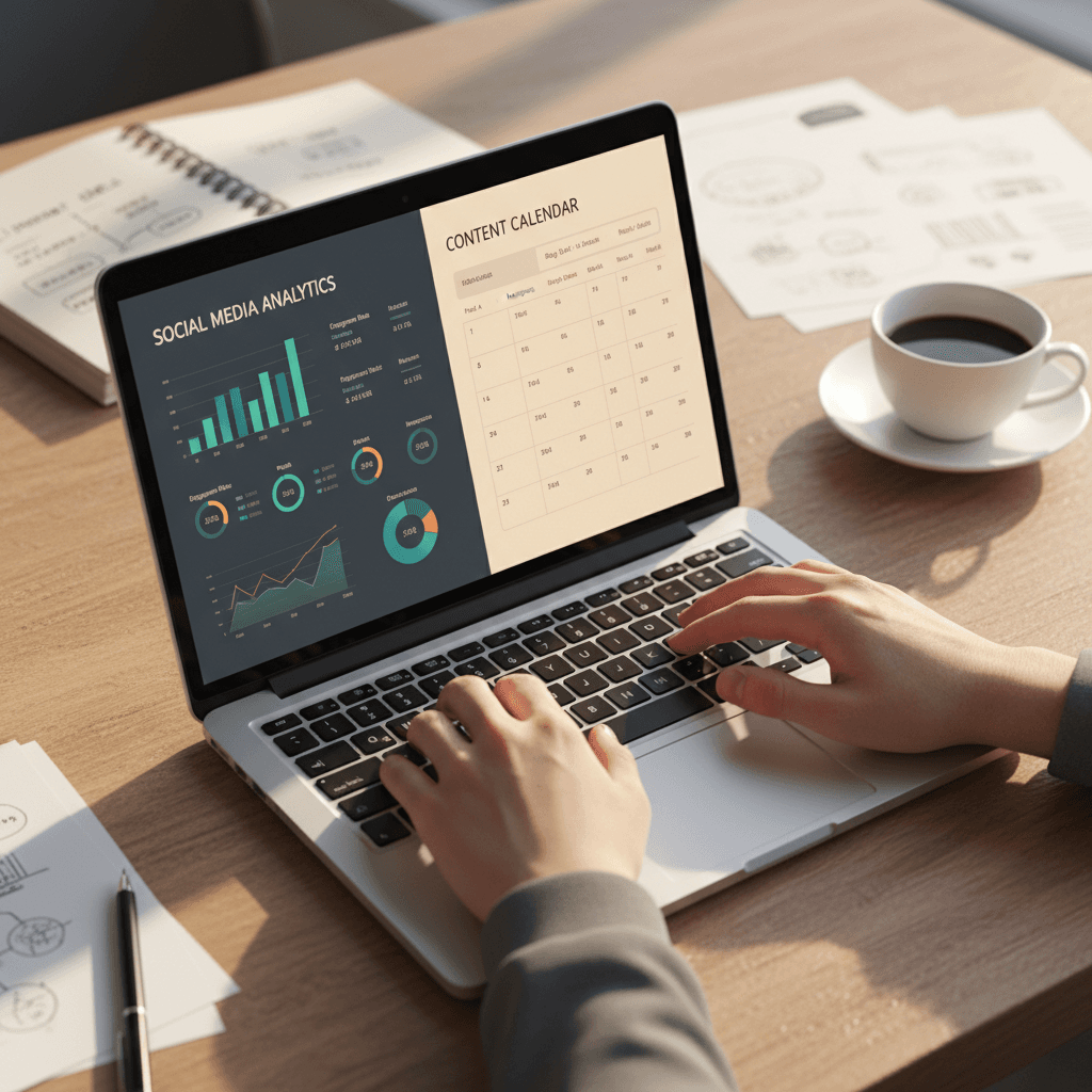Hand holding coffee near a laptop showing audience data
