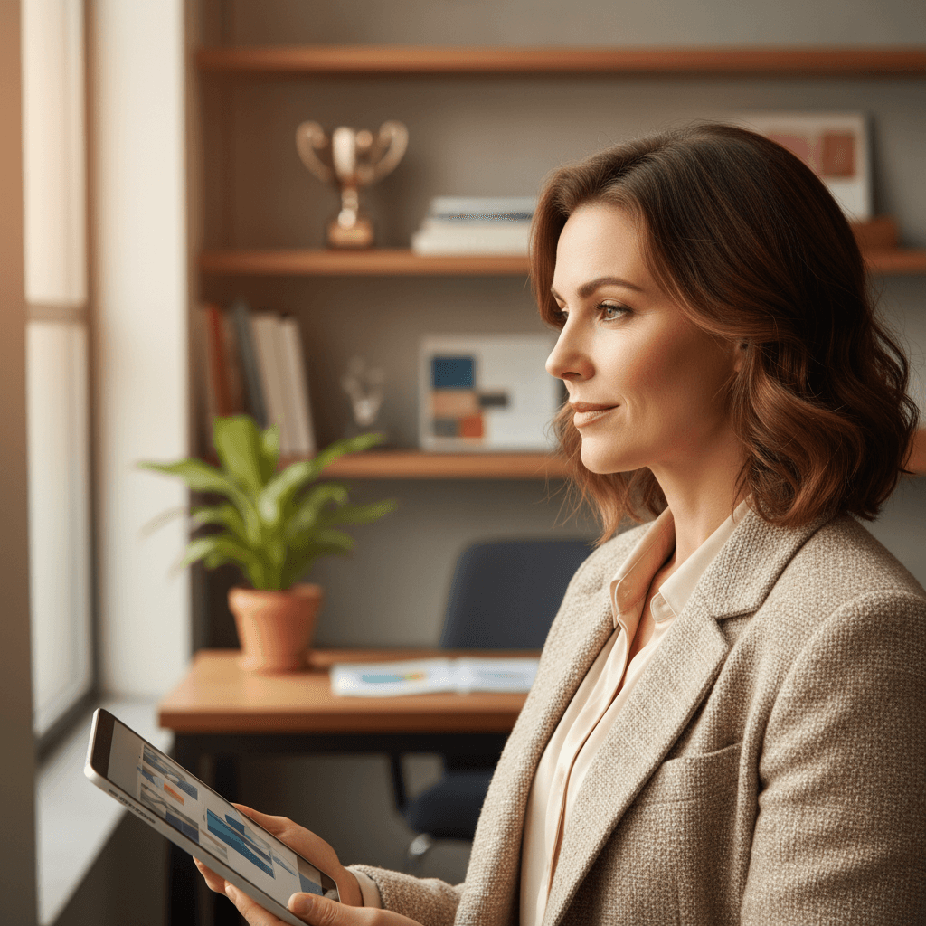 Agency strategist in a modern office, focused and confident